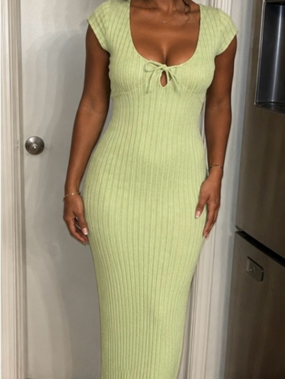 💚Garden Grace Midi Dress💚Light Green Ribbed Scoop-Neck Maxi Dress with Front Tie